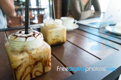 Coffee, Iced Coffee On Table Wood Background In Cafe Stock Photo