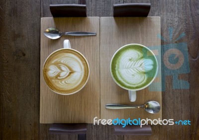 Coffee Late And Green Tea Late On Wooden Tray Stock Photo