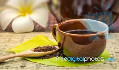 Coffee Lover.coffee Cup On Green Leaf With Roasted Coffee On Woo… Stock Photo