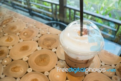 Coffee Mocha Into A Plastic Glass Stock Photo