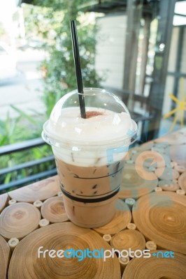 Coffee Mocha Into A Plastic Glass Stock Photo