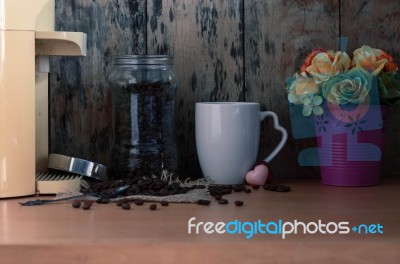 Coffee On Old Wooden Stock Photo