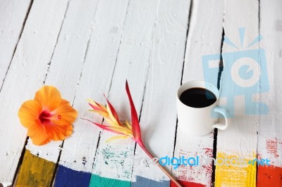 Coffee With Colorful Flower Decoration Stock Photo