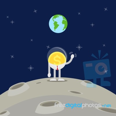 Coin Business Man Waving Hand On Moon Stock Image