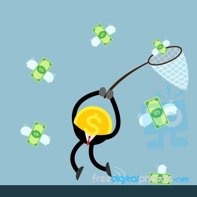 Coin Money Catch Flying Dollar Bill Stock Image