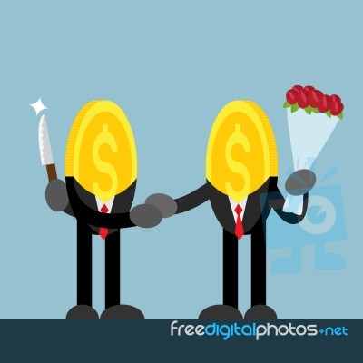 Coin Money Shake Hand. Hide Knife. Give Flower Stock Image