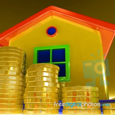 Coins Around House Showing Paying Rent Stock Image