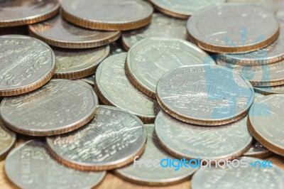 Coins Of Thailand. Wat Benchamabophit Or The Marble Temple In Bangkok, Thailand, Depicted In The Thai Five Baht Coin Stock Photo