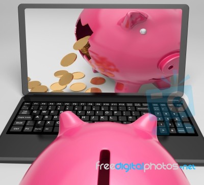 Coins Piggy Laptop Shows Banking Financial Success Stock Image