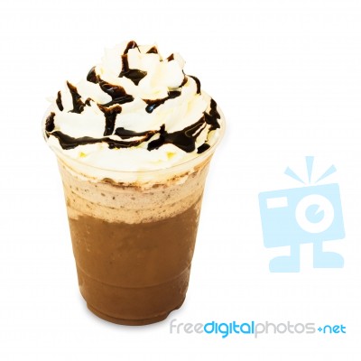 Cold Fresh Cocoa Smoothie In Takeaway Glass Isolated On White Ba… Stock Photo