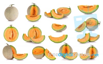 Collection Cantaloupe Melon Fruit Isolated On The White Backgrou… Stock Photo