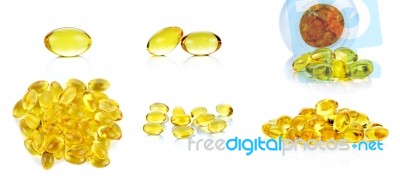 Collection Fish Oil Capsules Isolated On The White Background Stock Photo