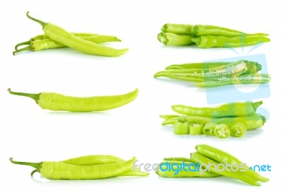 Collection Green Hot Chili Pepper Isolated On The White Backgrou… Stock Photo