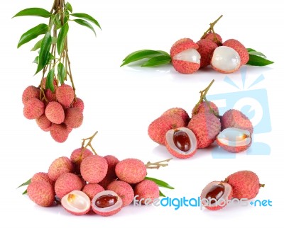 Collection Lychee Or Litchi Isolated On The White Background Stock Photo