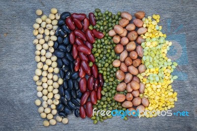 Collection Of Bean On Wooden Board Stock Photo