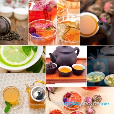 Collection Of Different Herbal Tea Infusion Collage Stock Photo