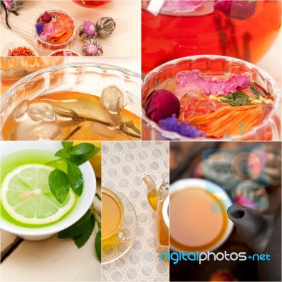 Collection Of Different Herbal Tea Infusion Collage Stock Photo