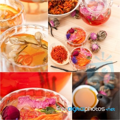 Collection Of Different Herbal Tea Infusion Collage Stock Photo