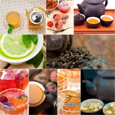 Collection Of Different Herbal Tea Infusion Collage Stock Photo