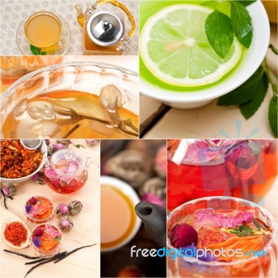 Collection Of Different Herbal Tea Infusion Collage Stock Photo