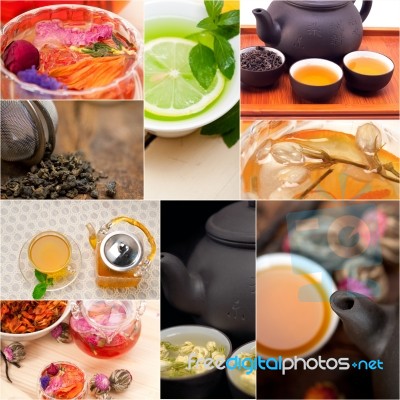 Collection Of Different Herbal Tea Infusion Collage Stock Photo