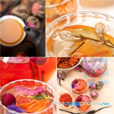 Collection Of Different Herbal Tea Infusion Collage Stock Photo