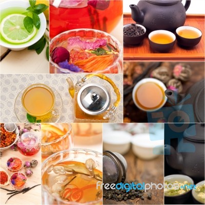 Collection Of Different Herbal Tea Infusion Collage Stock Photo