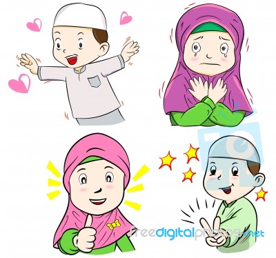 Collection Of Muslim Kids Cartoon Stock Image