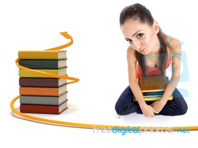 College Girl With Books On Her Laps Stock Photo