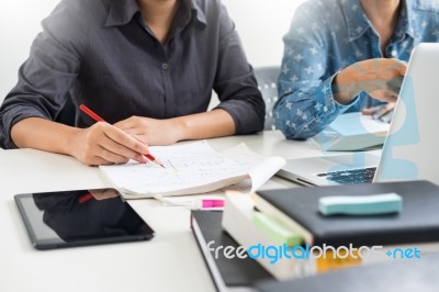 College Student Young Girlfriends Talking Online Lesson Using A Stock Photo