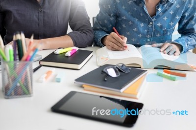 College Student Young Girlfriends Talking Online Lesson Using A Stock Photo