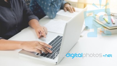 College Student Young Girlfriends Talking Online Lesson Using A Stock Photo