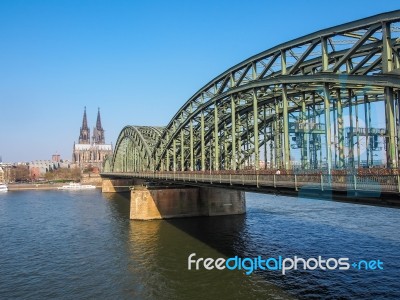 Cologne In Germany With Famous Cathedral And Bridge Stock Photo