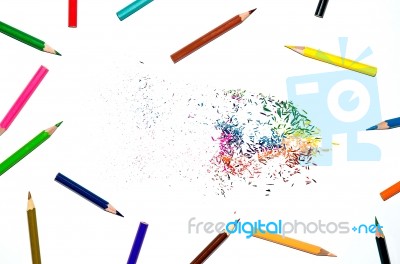 Color Pencil And Pencil On White Background Stock Photo