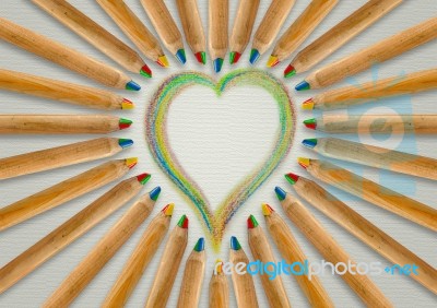 Color Pencils Allign To Heart Stock Photo