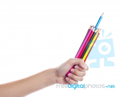 Colored Pencils In A Female Hand On A White Background  Stock Photo