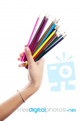 Colored Pencils In A Female Hand On A White Background  Stock Photo