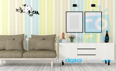 Colorful And Modern Interior With Sofa, Mock Up Poster And Side Table Stock Image