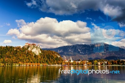 Colorful Autumn Sunny Day On Bled Lake, Slovenia Stock Photo