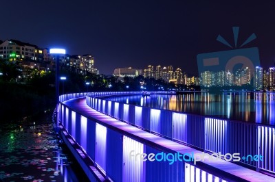 Colorful Bridge And Cityscape At Night In Korea Stock Photo