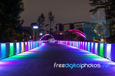 Colorful Bridge And Cityscape At Night In Korea Stock Photo