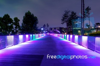 Colorful Bridge And Cityscape At Night In Korea Stock Photo