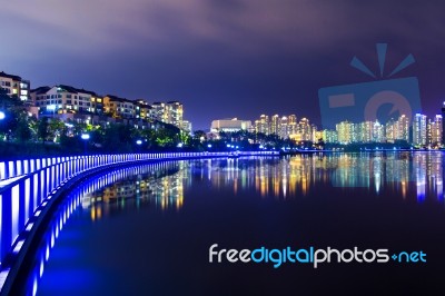 Colorful Bridge And Cityscape At Night In Korea Stock Photo