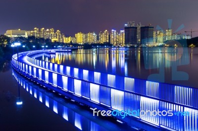 Colorful Bridge And Cityscape At Night In Korea Stock Photo