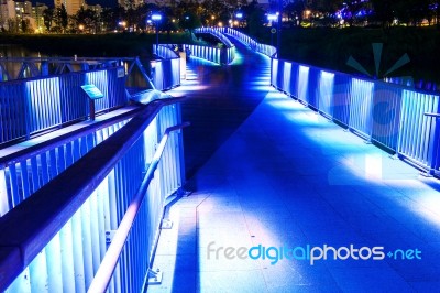 Colorful Bridge And Cityscape At Night In Korea Stock Photo