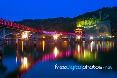 Colorful Bridge Or Wolyeonggyo Bridge At Night In Andong,korea Stock Photo