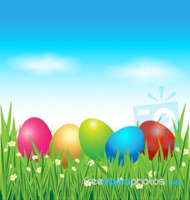 Colorful Easter Eggs On Green Grass Stock Image