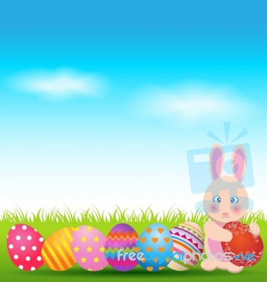 Colorful Eggs And Bunny For Easter Day Card Stock Image