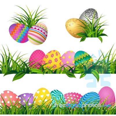 Colorful Eggs And Spring Green Grass Borders Set For Easter Day Stock Image