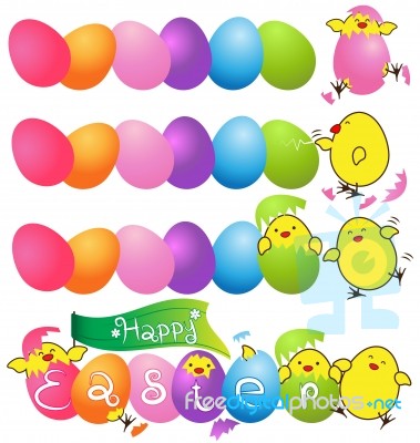 Colorful Eggs With  Funny Baby Chicken For Easter Day Card Stock Image